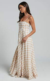 Katrien Maxi Dress - Strappy Empire Waist Flare Dress in Beige and White Check