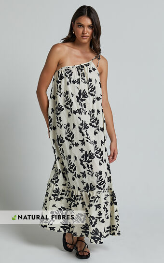Illyana Midi Dress - Asymmetric One Shoulder Frill Hem Dress in White and Black Print