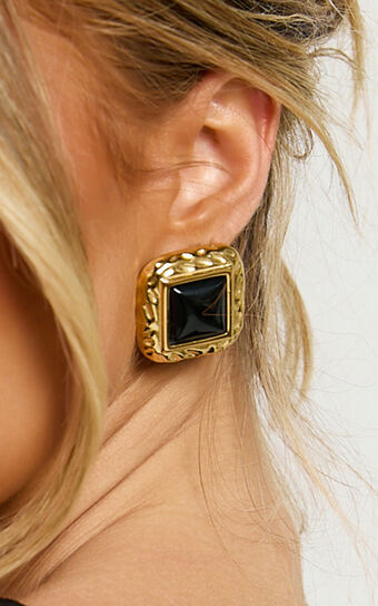Gretel Earrings - Square Stud Earrings in Black and Gold