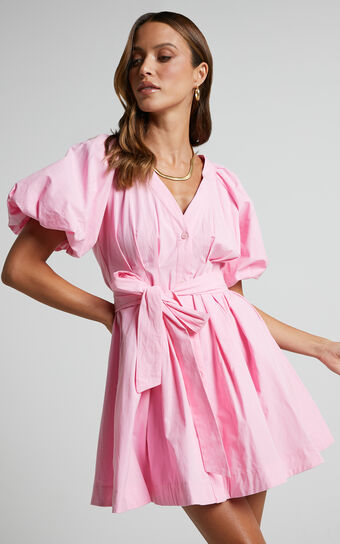 Vianne Mini Dress - Puff Sleeve Button Up Pleated Dress in Pink