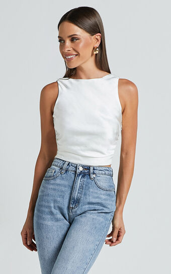Franca Top - Boat Neck Ruched Bodice Tie Back Satin Top in Oyster