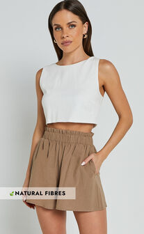 Hiromi Shorts - High Waisted Linen Look A-Line Shorts in Biscuit