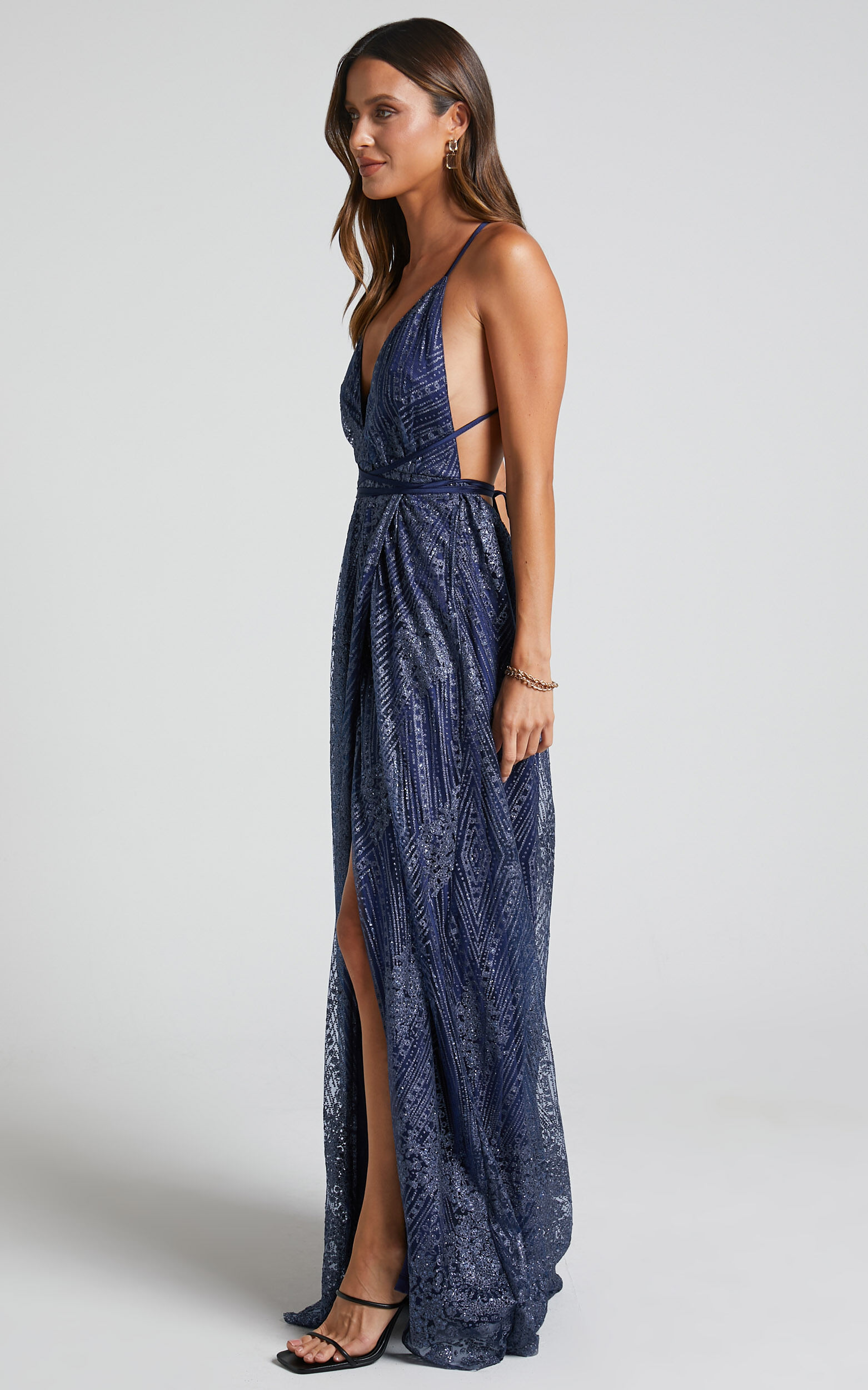 New York Nights Maxi Dress Sequin Plunge Cross Back Dress in Navy Showpo