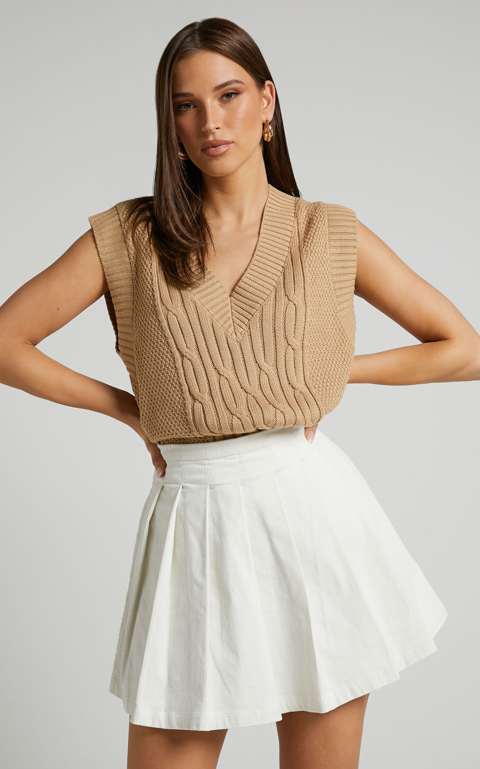 Rhexy Mini Skirt Pleated Cord Skirt in Ivory Showpo USA