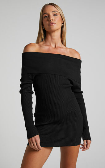 Malika Mini Dress - The Shoulder Long Sleeve Knit Dress in Black