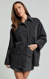 Harlow Jacket - Oversized Long Sleeve Denim Jacket in Black Wash | Showpo