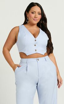 Izara Vest - V Neck Button Up Cropped Vest in Light Blue