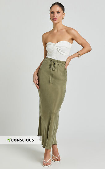 Wilhelmine Maxi Skirt - Cupro High Waisted Drawstring Slip Skirt in Moss