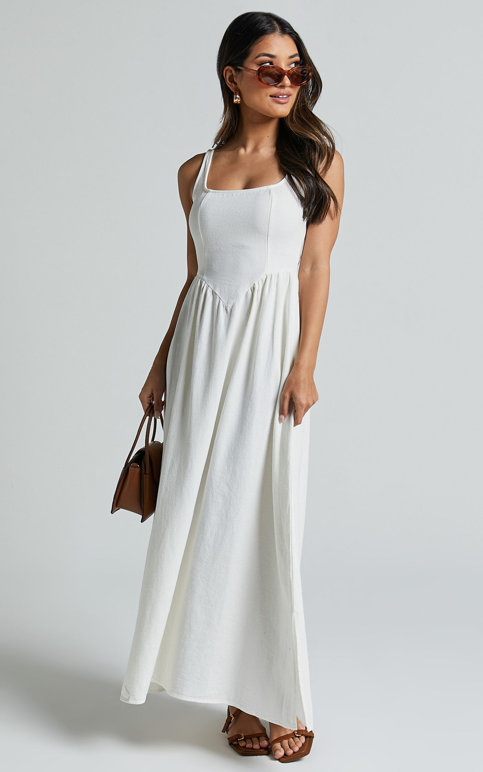 Rhaziya Midi Dress - Sleeveless Straight Neck Fit and Flare Dress in ...