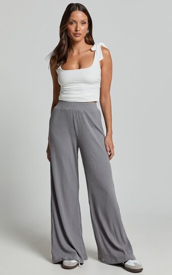 Adriana Pants - Ribbed High Waist Wide Leg Pants in Slate Grey