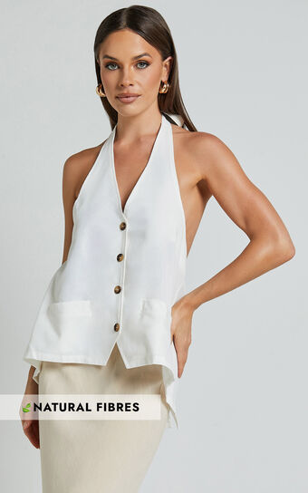 Alonzo Vest - Linen Look Halter Neck Vest with Pockets in White