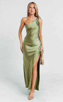 Isla Maxi Dress - Satin One Shoulder Side Split Dress in Olive