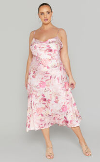 Ojai Midi Dress - Cowl Neck Split Dress in Soft Floral