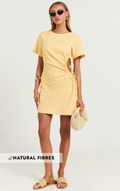 Samira Mini Dress - Ruched Cut Out Linen Look Dress in Lemon | Showpo