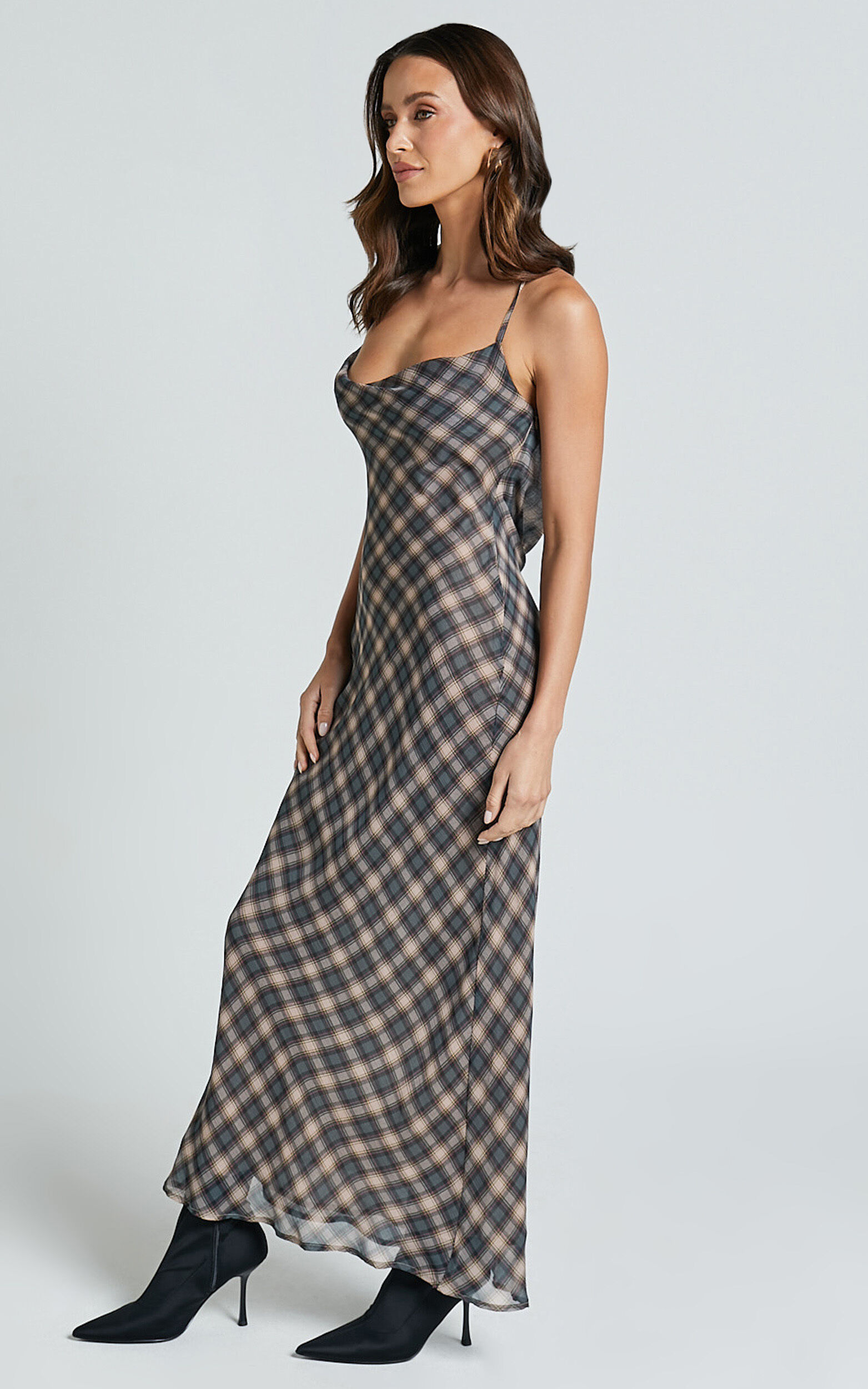 Celeste Midi Dress Strappy Cowl Neck Slip Dress in Multi Check Showpo