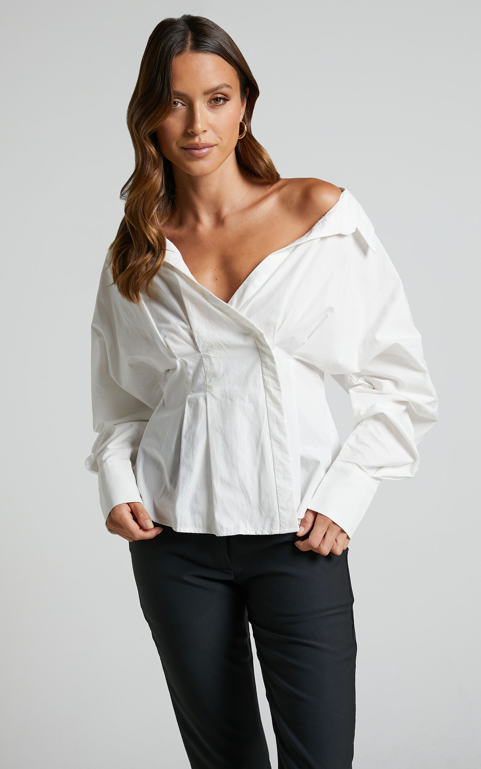 Elenina Shirt - Long Sleeve Pleat Waist Shirt in White - 06, WHT1