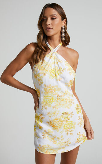 Faran Mini Dress - Crossover Halter Backless Dress in Yellow Floral