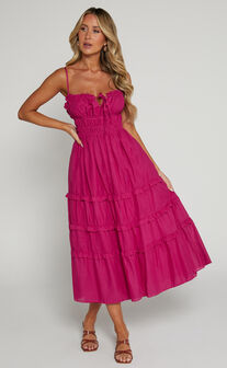 Schiffer Midi Dress - Strappy Ruched Tie Front Tiered Dress in Raspberry