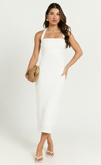 Lila Midi Dress - Halterneck Ruched Bodycon Dress in Off White