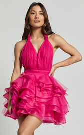 Addison Mini Dress - Halter Neck Plunge Tiered Tulle Dress in Hot Pink ...