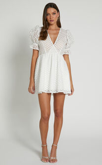 Freya Mini Dress - Puff Sleeve V Neck A Line Dress in White