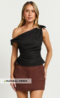 Ivy Top - Linen Look Off Shoulder Tie Top in Black