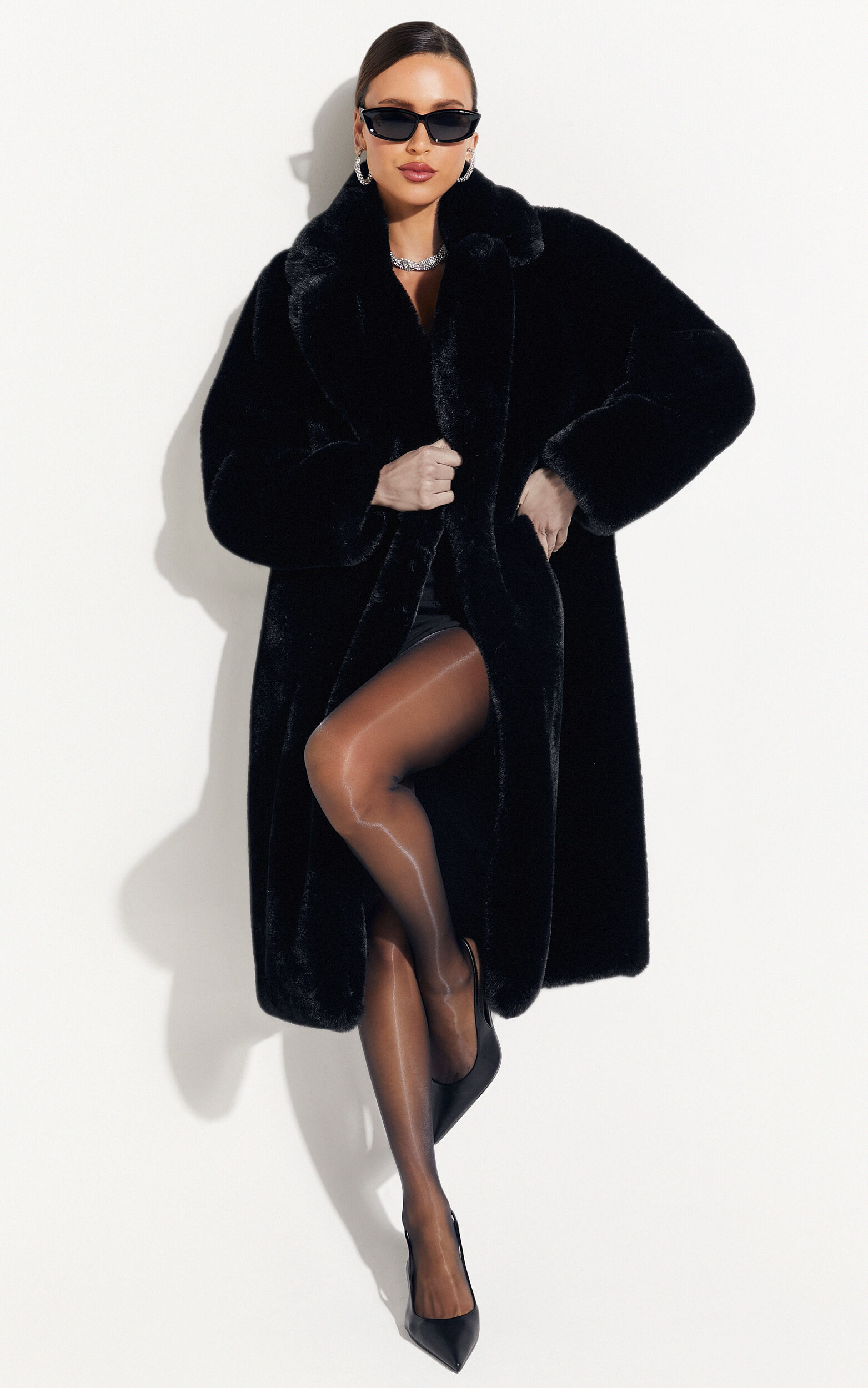 Maxwell Coat Long Line Faux Fur Coat in Black Showpo