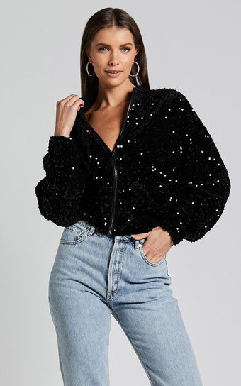 Poinsettia Jacket - Sequin Bomber in Black