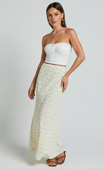 Lorin Midi Skirt - Mid Waist Slip Skirt in Cream and Lilac Floral