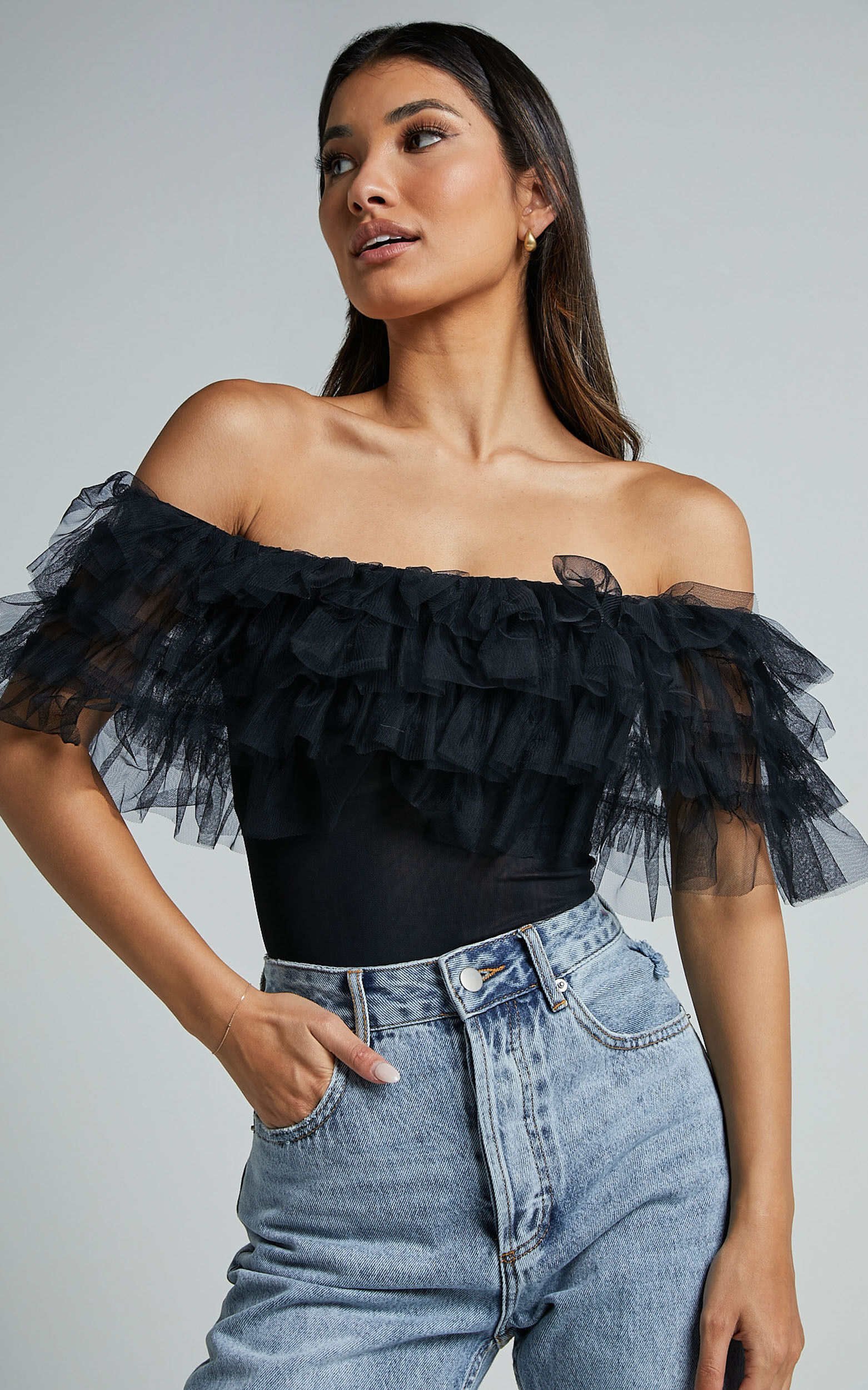 Tulle off the shoulder top sales