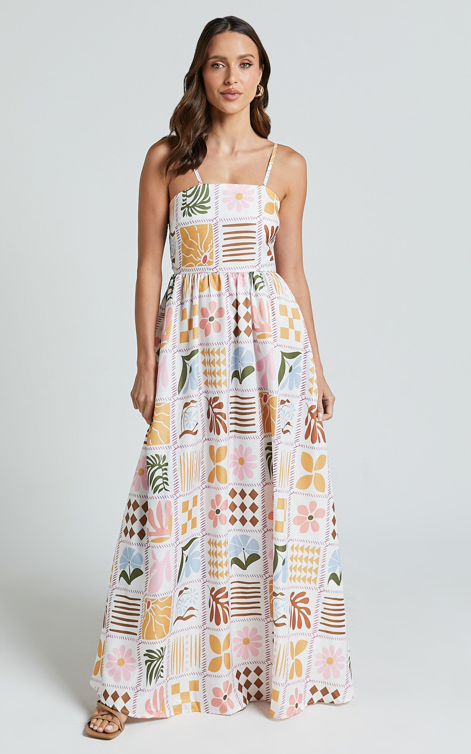 Aileen Midi Dress - Straight Neck Sleeveless Slip Dress in Pink Print - S, PNK1