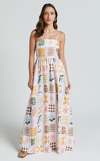 Aileen Midi Dress - Straight Neck Sleeveless Slip Dress in Pink Print