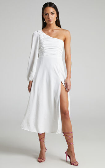 Razille Midi Dress - Ruched Bodice One Shoulder Long Sleeve Dress in White