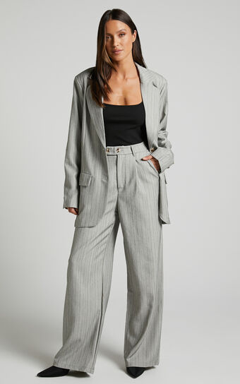 Maryanne - High Waisted Double Button Relaxed Pant in Grey Pinstripe