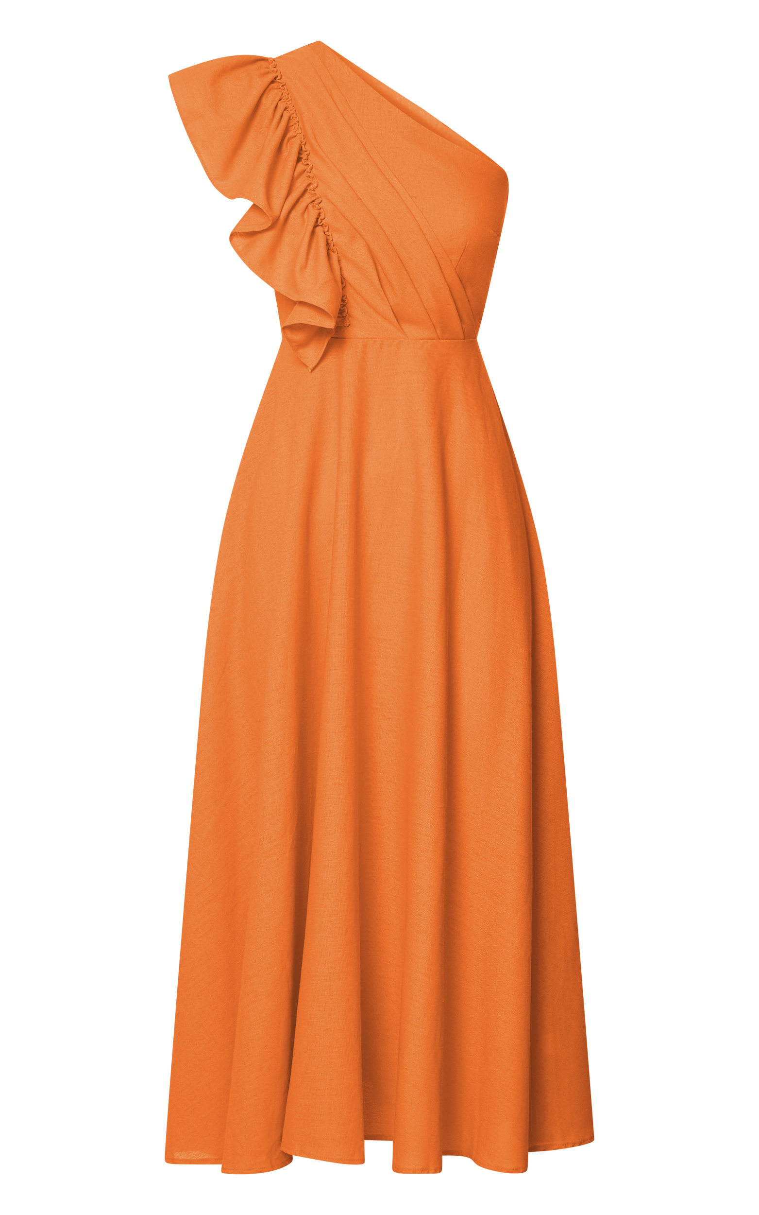 Dixie Midi Dress - Linen Look One Shoulder Ruffle Dress in