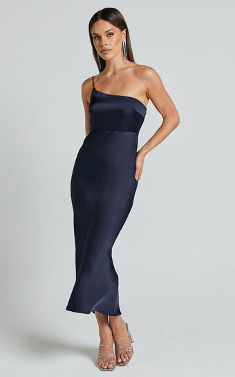 Marilyn Midi Dress - One Shoulder Strap Detail Satin Bias Cut Dress in Midnight Blue