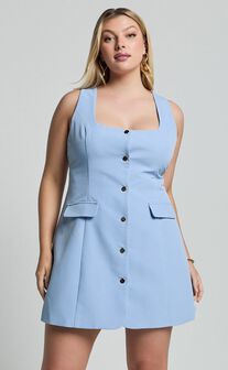 Kenna Mini Dress - Square Neck Button Down Mini Dress in Powder Blue