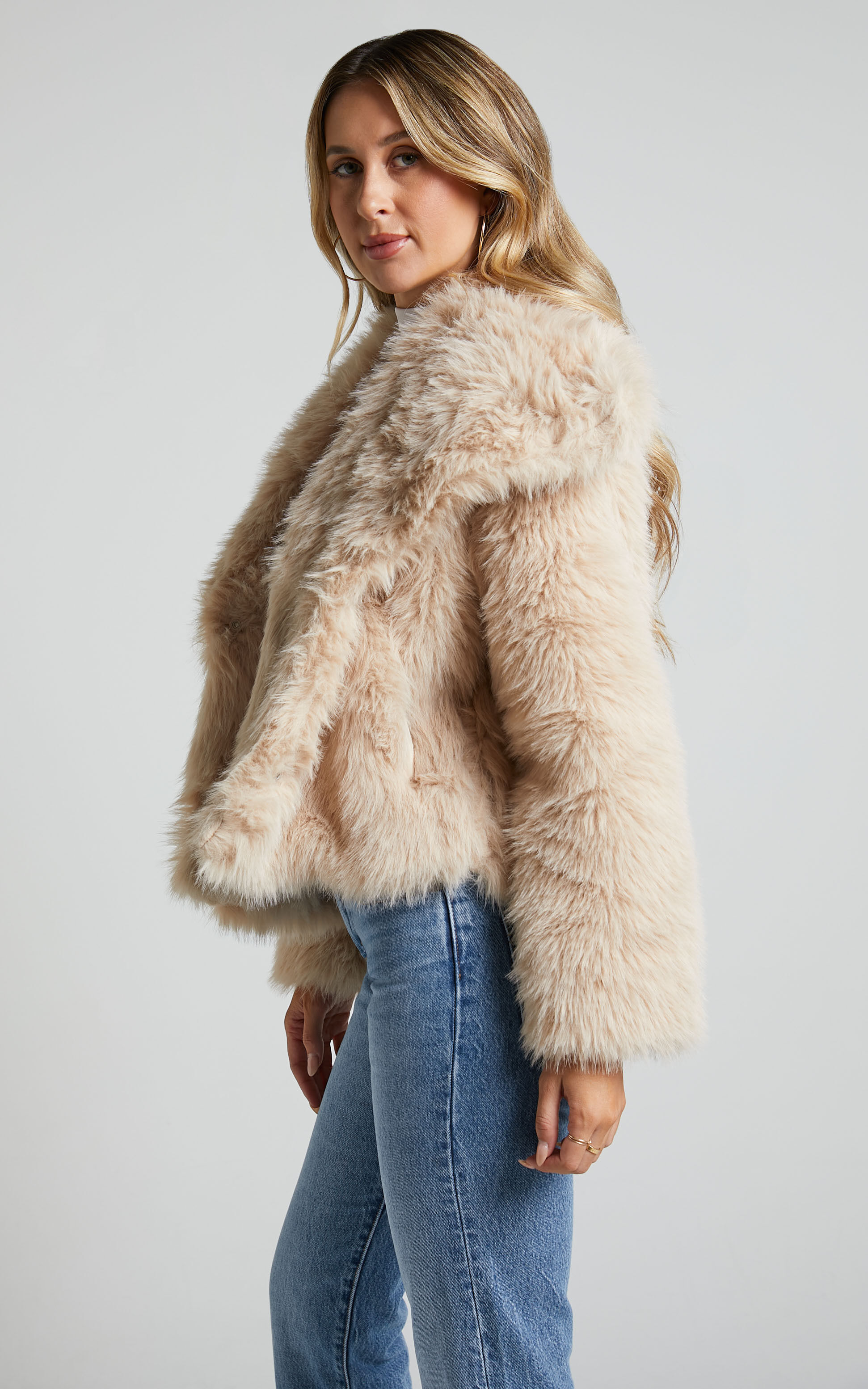 Ophilia Jacket Fax Fur Open Collar Jacket in Beige