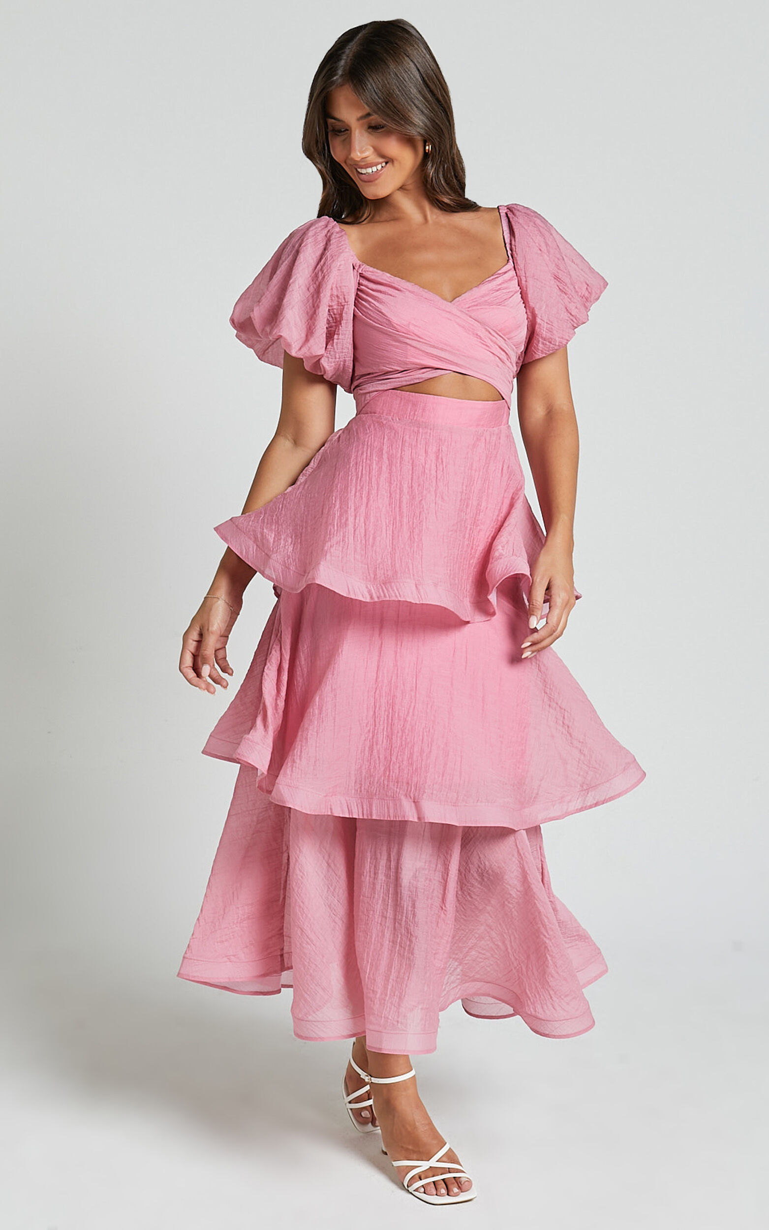 Giselle Midi Dress - Short Puff Sleeve Front Cut Out Layered Dress in ...