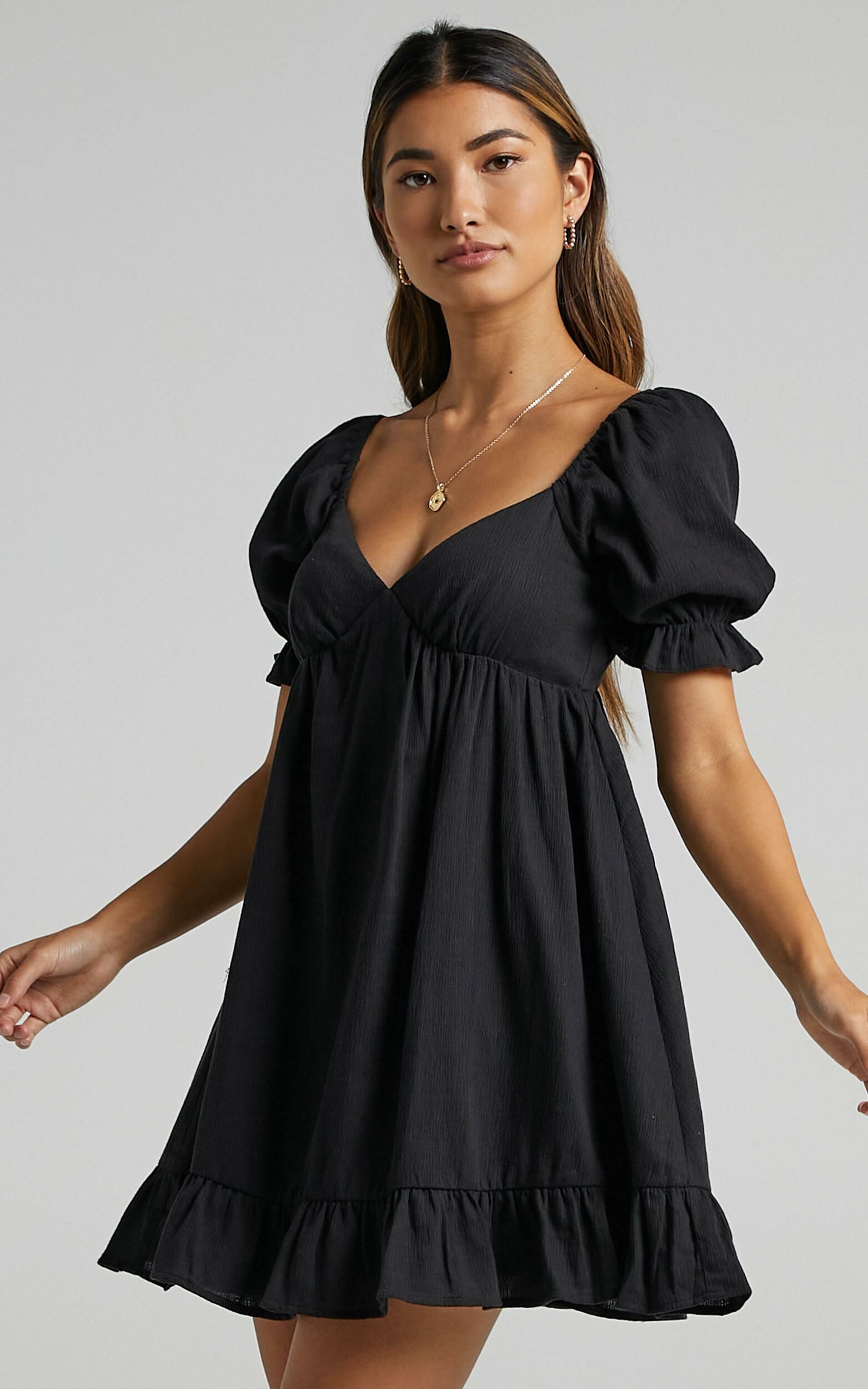 Levana Mini Dress - Empire Waist Puff Sleeve Dress in Black - 06, BLK1