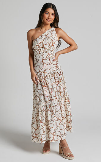 Raiden Midi Dress - Asymmetric One Shoulder Tiered Dress in White Floral