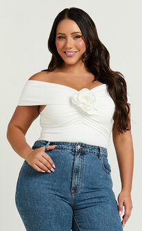 Jacinda Bodysuit - Off Shoulder Rosette Bodysuit in Off White