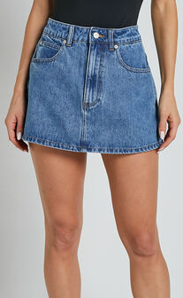 Harriet Skort - Mid Waisted Recycled Denim Skort in Mid Blue Wash