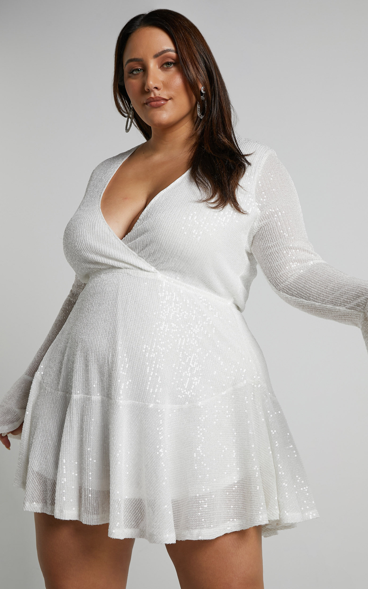 Arlington Mini Dress Long Sleeve Flippy Sequin Dress in White