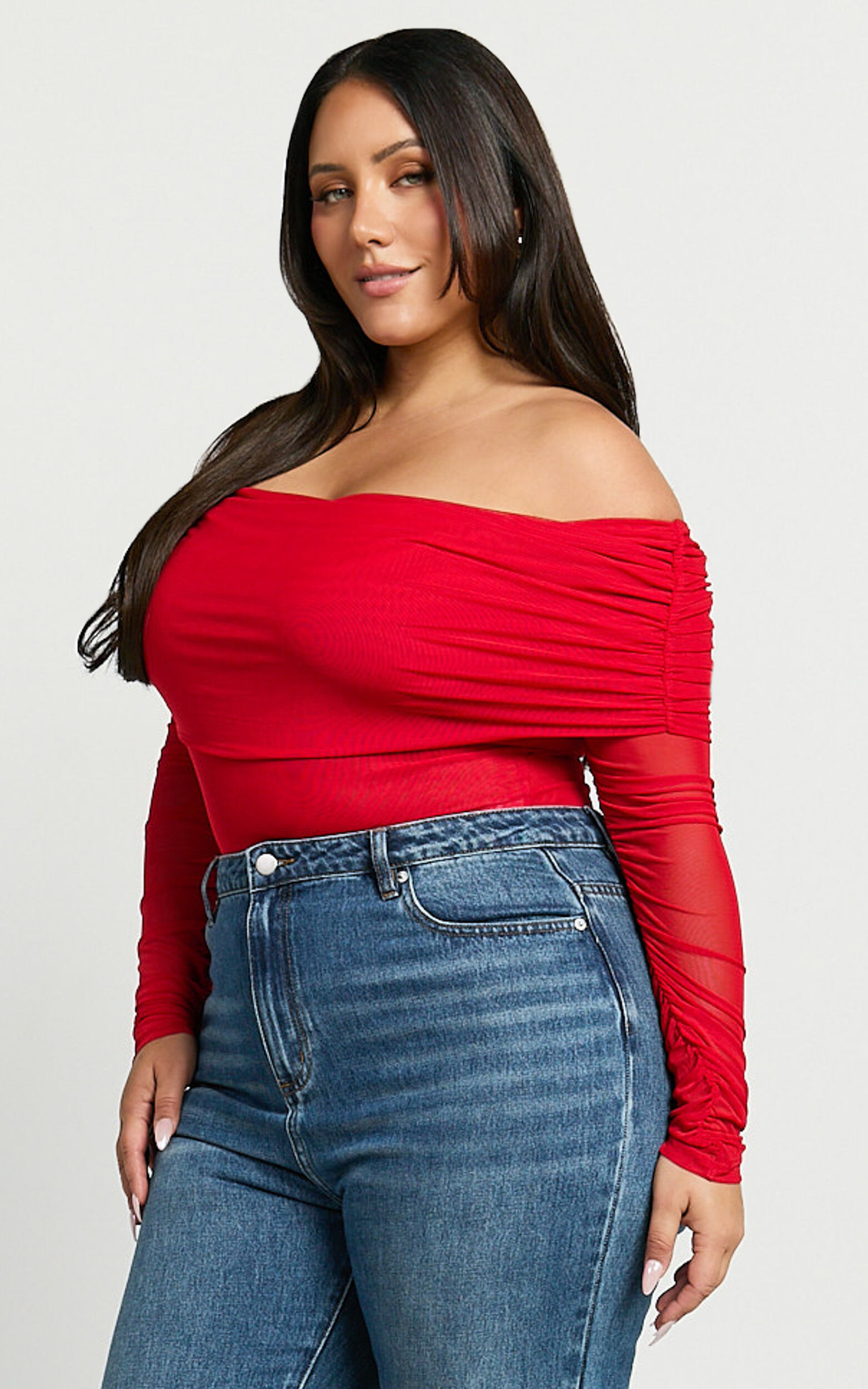 Jaythen Bodysuit - Long Sleeve Off Shoulder Ruched Mesh