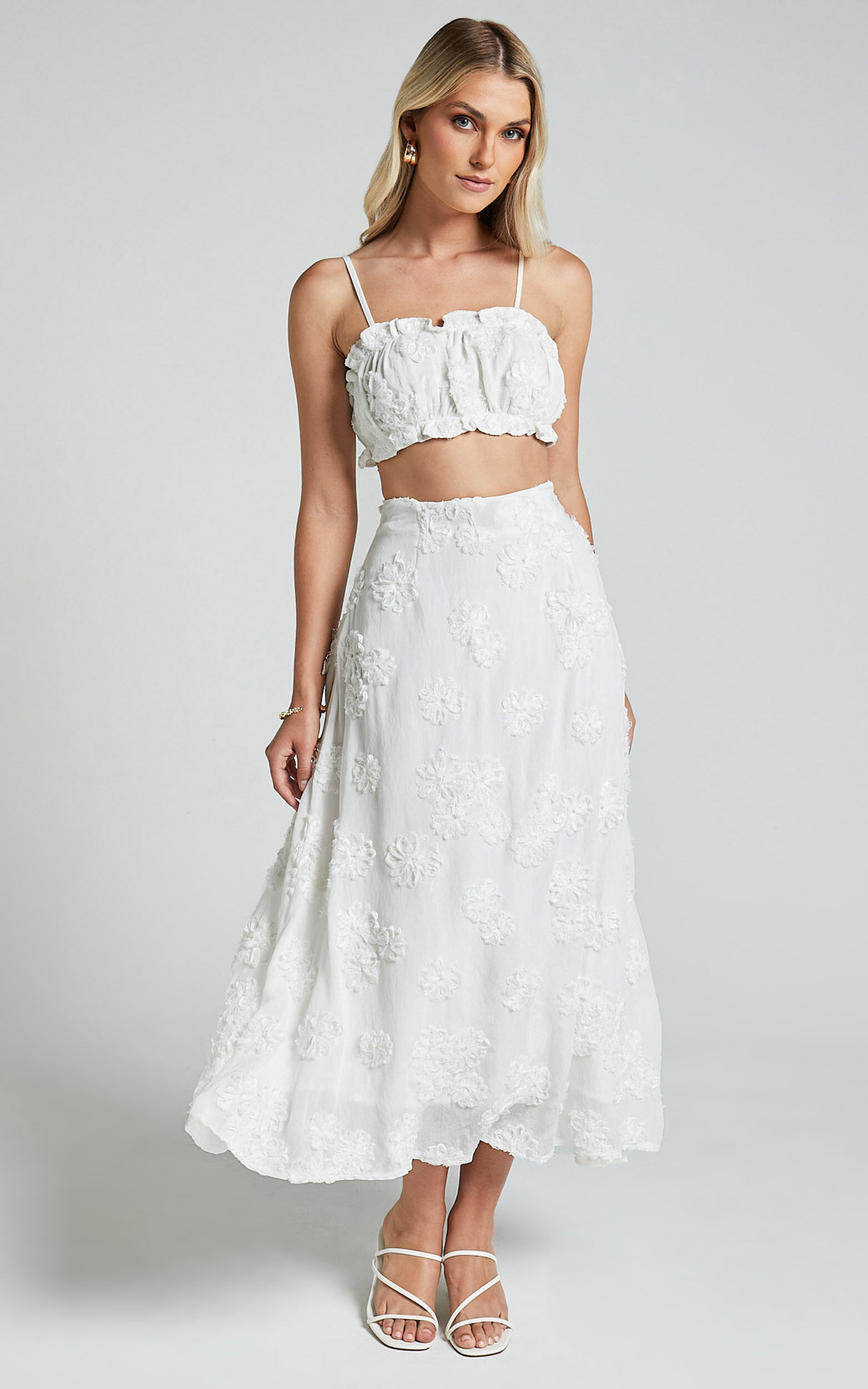 Candy Two Piece Set - Gathered Crop Top & 3D Floral Embroidery Midi Skirt in White - 06, WHT1