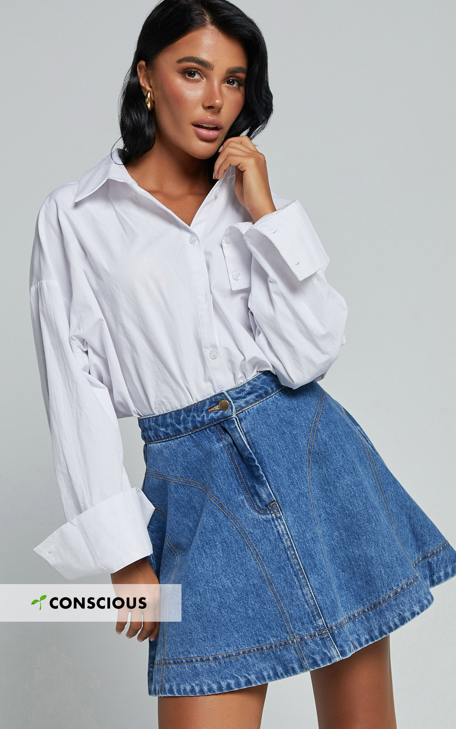 Koemi Skirt - High Waisted Denim Flare in Mid Blue Wash - 06, BLU1