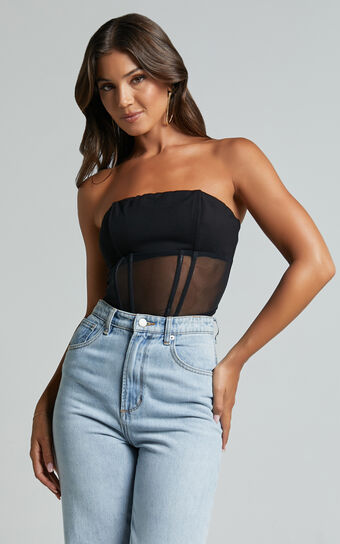 Leanna Top - Mesh Strapless Corset Crop Top in Black