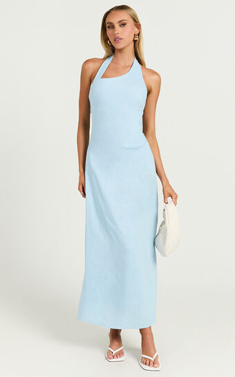 Lindley Midi Dress - Halter Neck Linen Look Dress in Soft Blue