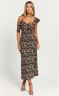 Giulia Midi Dress - One Shoulder Frill Detail Dress in Black Floral